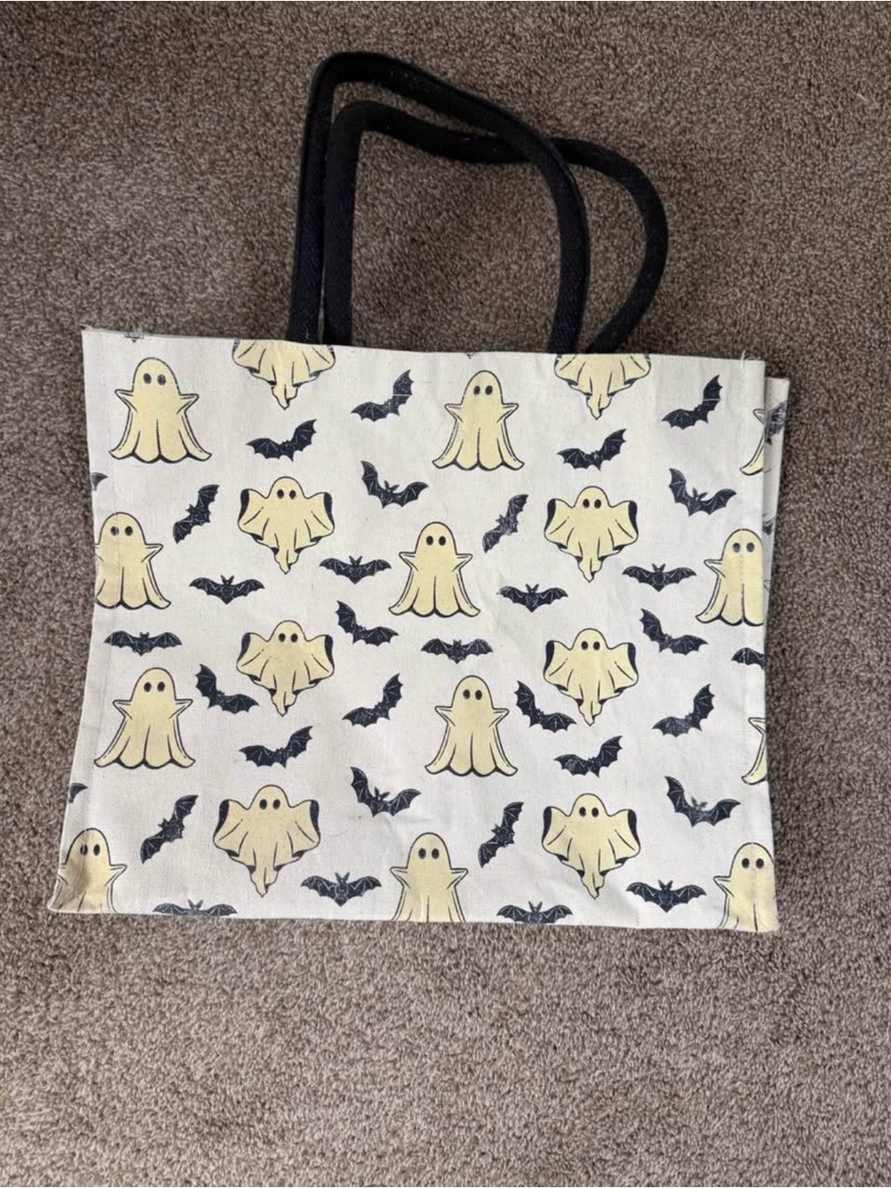 Ghost & Bat Print Canvas Tote Bag in Cream and Black